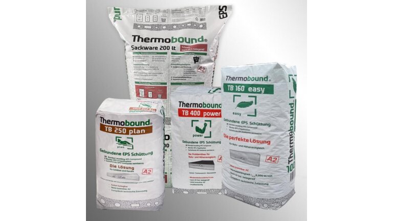 mehrere Säcke des Produkts "Thermobound," darunter Varianten wie "Sackware 200lt", "TB 250 plan," "TB 400 power," und "TB 160 easy" , für gebundene EPS-Schüttungen